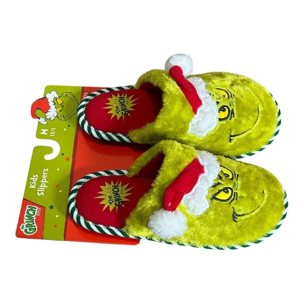 Dr Seuss Grinch Christmas Santa Hat Slippers Slides Kid's M 13/1 Green